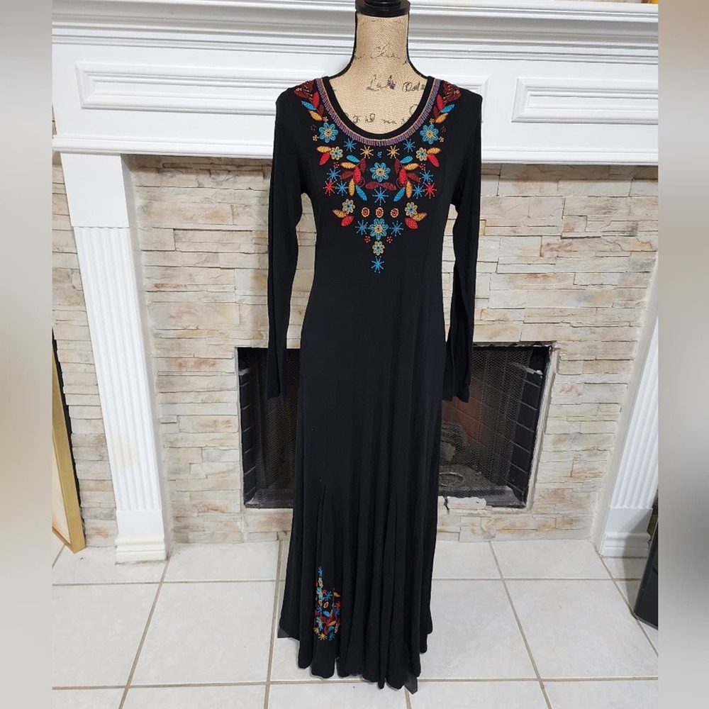 Soft Surroundings boho long sleeve stretch knit embroidered maxi dress size XS